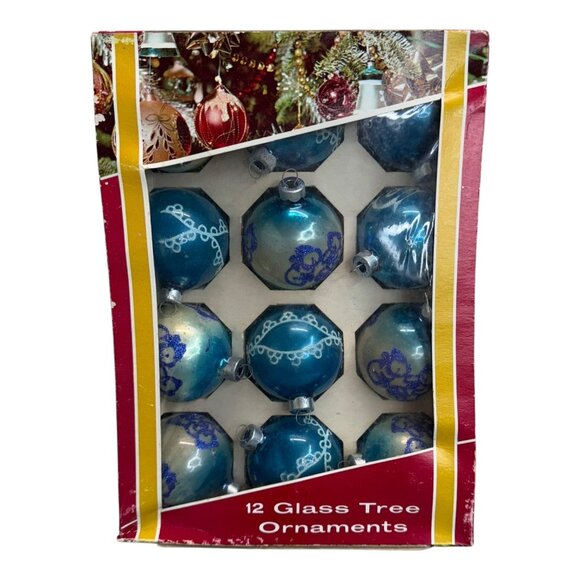 Vintage Blue Glass Tree Ornaments Set 12 Bear Stencil Glitter Pattern Made USA - Picture 1 of 8